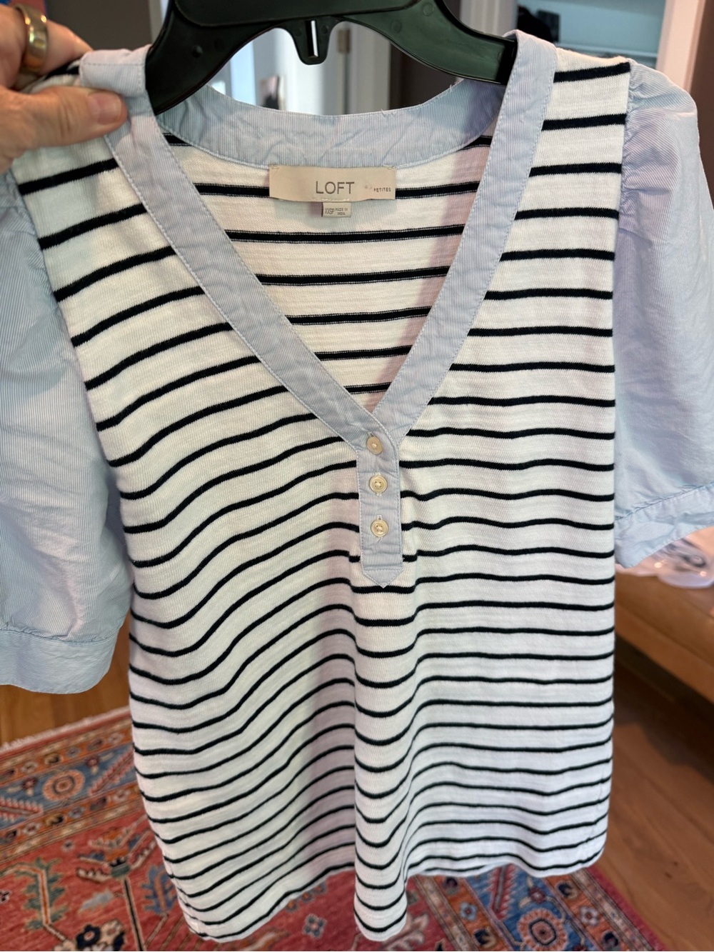 LOFT Striped V-Neck Top with Light Blue Puff Sleeves, XS Petite